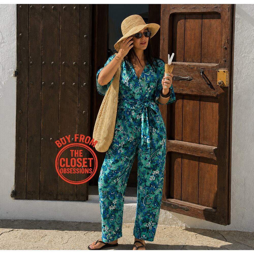 Zara NWT Blue Paisley Belted Wide Leg Jumpsuit S - Picture 8 of 16